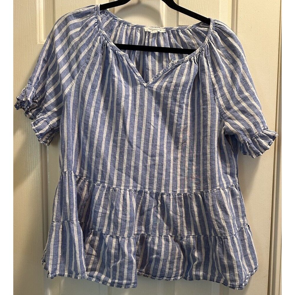 Beach Lunch Lounge Top Women's L Blue Stripe Akia Linen Blend Pullover Ruffle